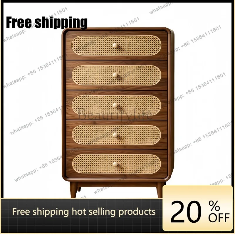 YJ retro geometric rattan solid wood chest of drawers bedroom living room storage locker black walnut