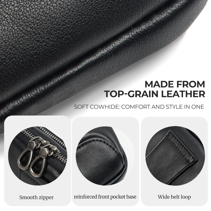 New Men's Genuine Leather Horizontal Mobile Phone Bag Retro Top Layer Cowhide Simple Casual Wear Belt Double Zipper Waist Bag