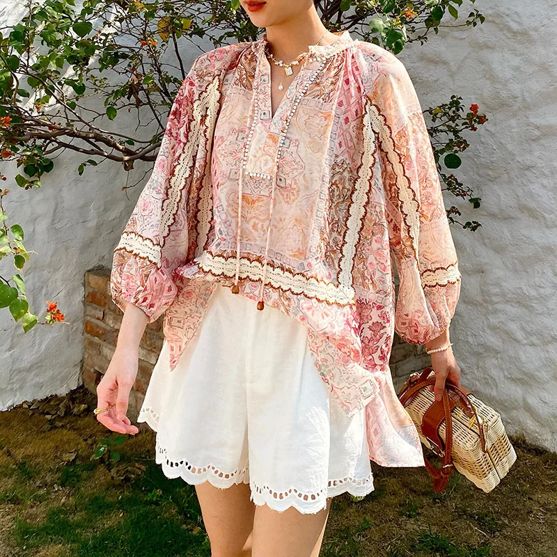 

Spring Summer New Vacation Style Shirt Women Loose Bohemian Print French Vacation Top European Women's Fashio
