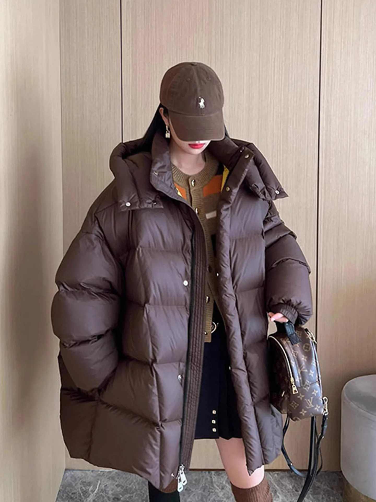 Ele Brown com capuz para baixo Jaet feminino inverno Thiened pão sle casaco sli commute à prova de vento quente longo sve