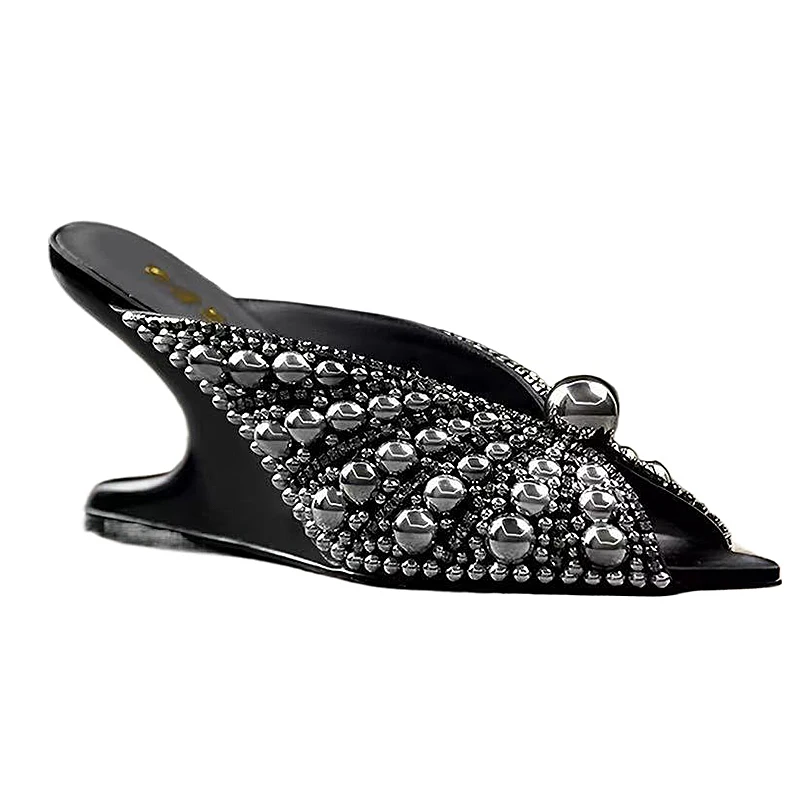 White Pearls Pointy Toe Wedges Slippers Genuine Leather Women's High HeelsSandals Party Wedding Dress Shoes Luxury Designer Pump image 3