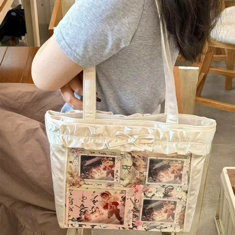 AnimeTote Bag Girl Transparent Window Large Capacity Women Bow Decor Harajuku Lolita Badge Display Shoulder Bag Cosplay Ita Bag