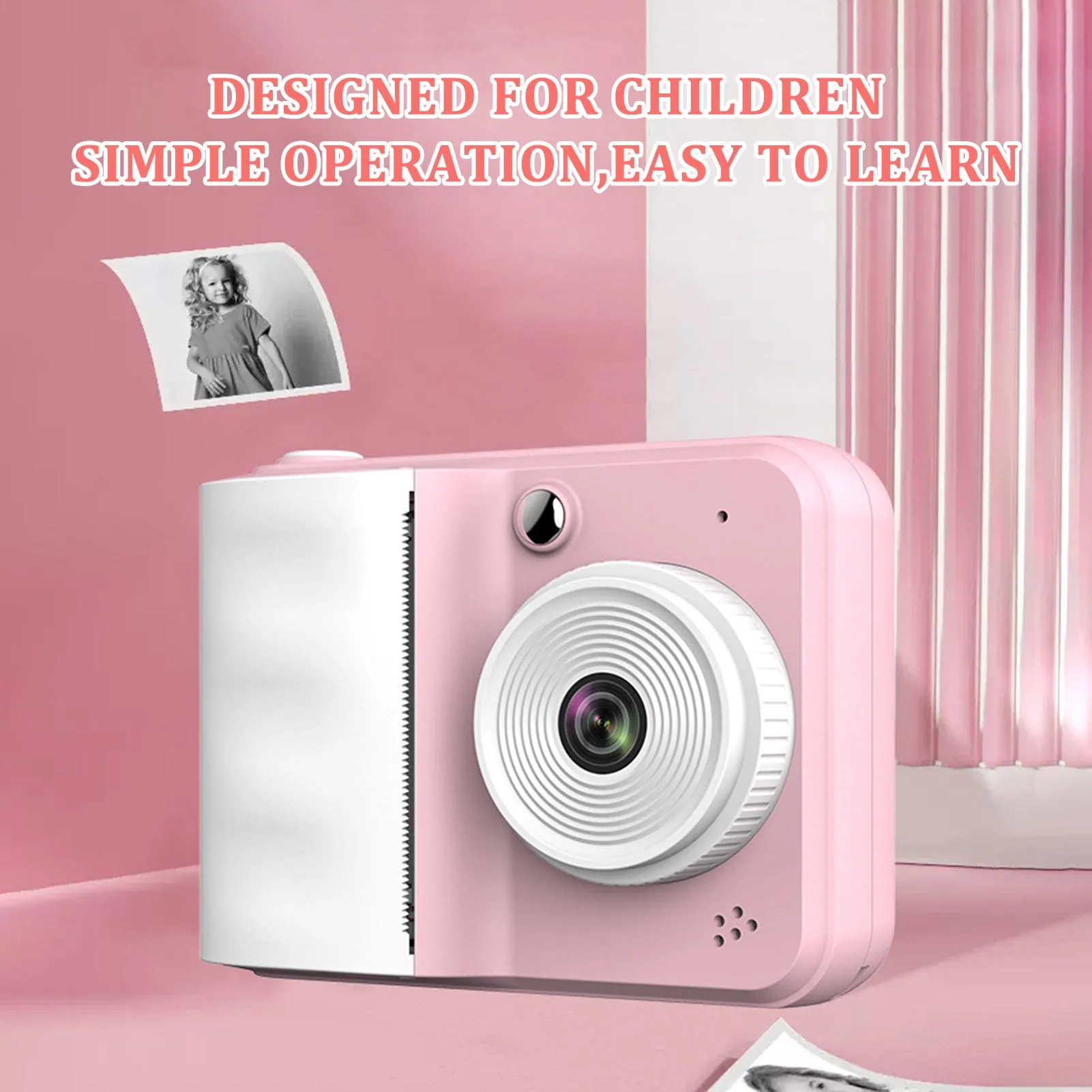 كاميرا الطباعة الفورية للأطفال طابعة صور عالية الدقة مع 1 لفة ورقة متعددة اللغات تدعم مجموعة كاميرا الطباعة الفورية
