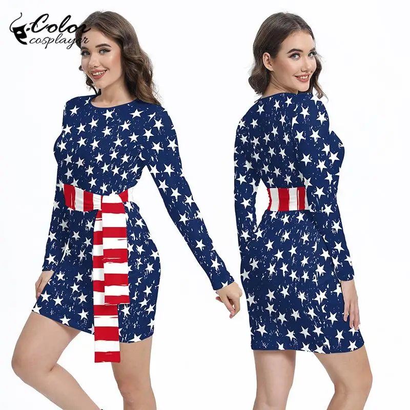 Color Cosplayer Independence Day Dress Belted Carnival Party Cosplay Costume Fantasia Adult 3D Printed Halloween Women Clothing