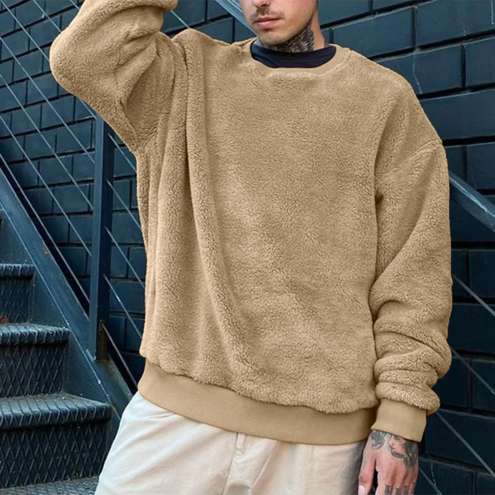 Sudadera con capucha de gran tamaño para hombre, ropa de calle holgada de manga larga con cuello redondo y pelo de cordero de Color sólido, moda coreana Harajuku