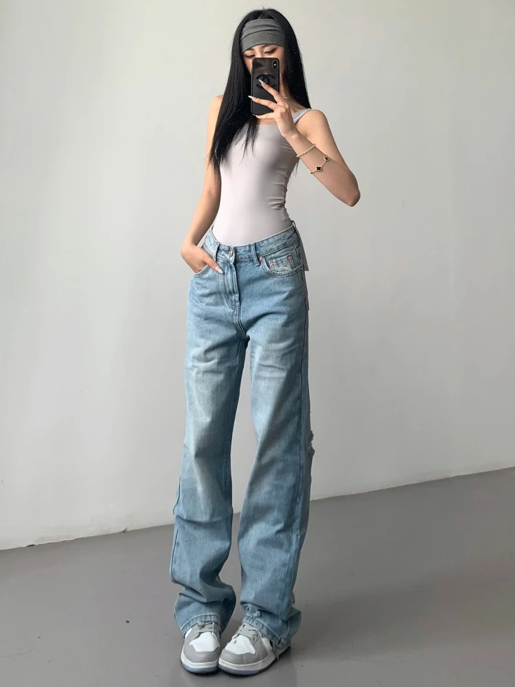 Summer Ripped Jeans For Woman High Waist Streetwear Straight Women's Denim Pants Ripped White Wide Leg Jean Trousers