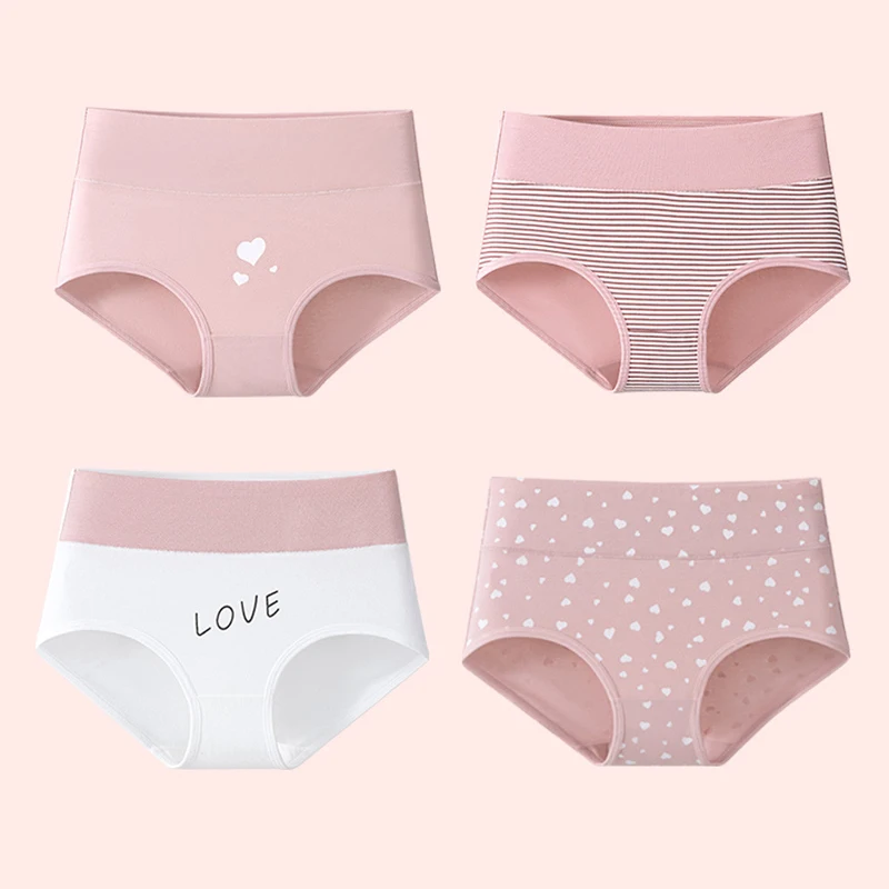 4Pcs Women\'s Panties High Waist Plus Size Underwear Fashion Print Girls Briefs Breathable Cotton Panty Female Lingerie