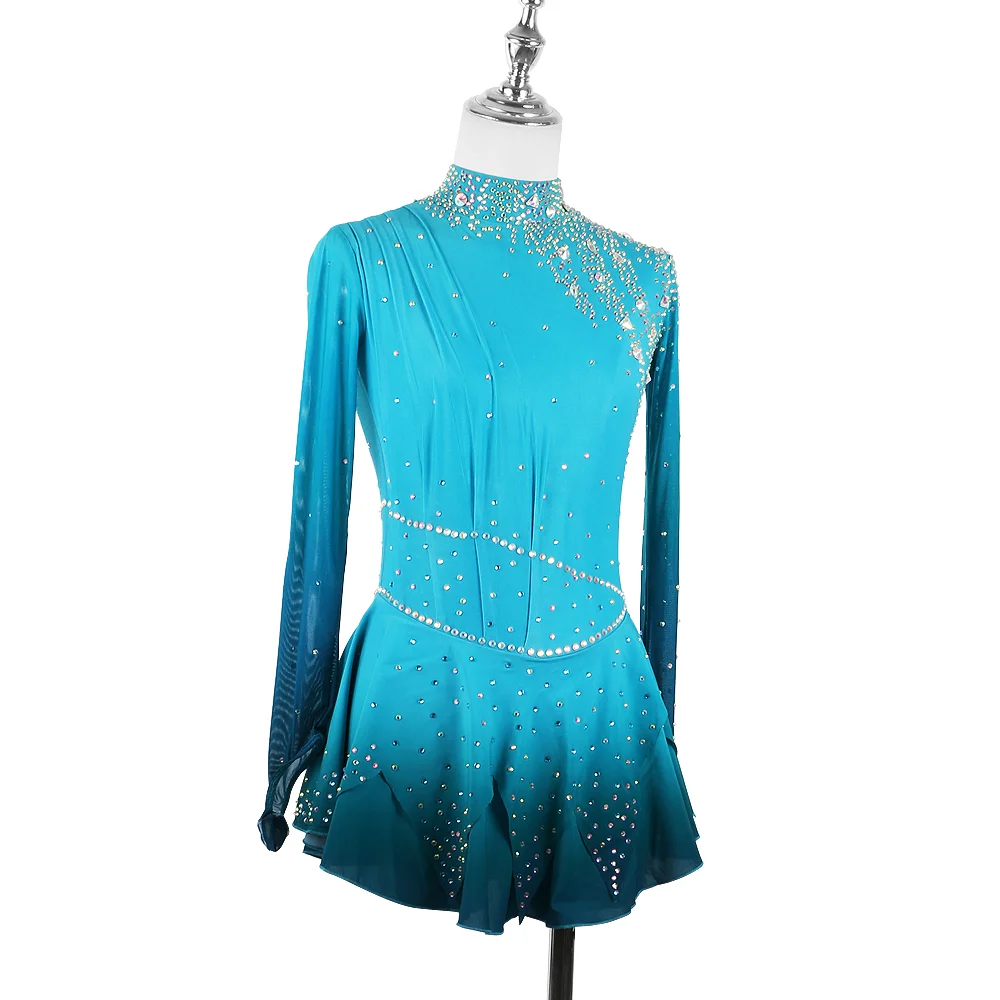 Sukienka łyżwiarska Zagitova dla kobiet i dziewcząt, spódnica do łyżwiarstwa figurowego, na występy i zawody, niebieski gradient, olśniewająca spódnica z siateczki.