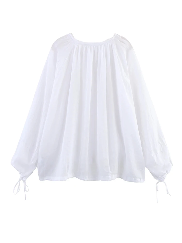 Casual Loose Shirt For Women Sexy See-Through Lace Up Long Sleeved Blouse Female 2025 New Summer Chic Sweet White Blue Shirts