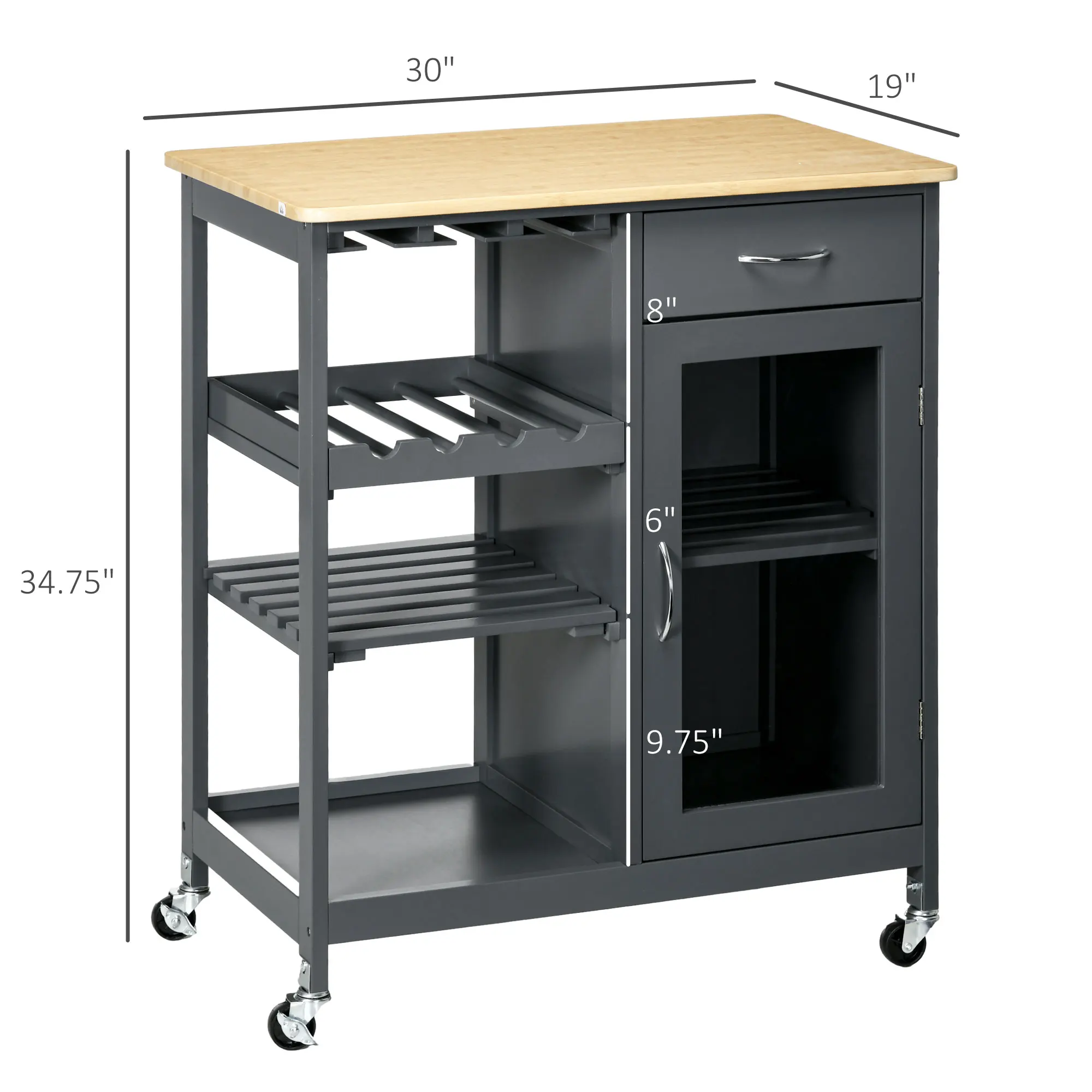 Utility Kitchen Cart Rolling Kitchen Island Storage Trolley W/ Wine Rack, Grey