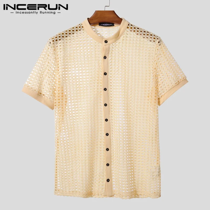 INCERUN Men Shirt Mesh See Through Hollow Out O-neck Short Sleeve Men Clothing Streetwear Summer 2025 Loose Fashion Male Tops