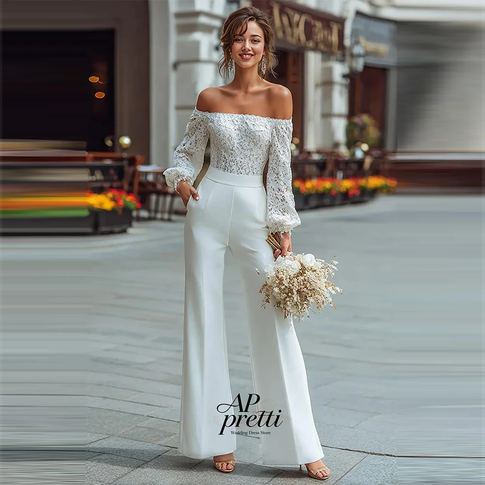 AP pretti Graceful Lace Wedding Dress One Line Customized 3/4 Sleeves Jumpsuits Outfits Bridal Gown Vestidos Novias Boda