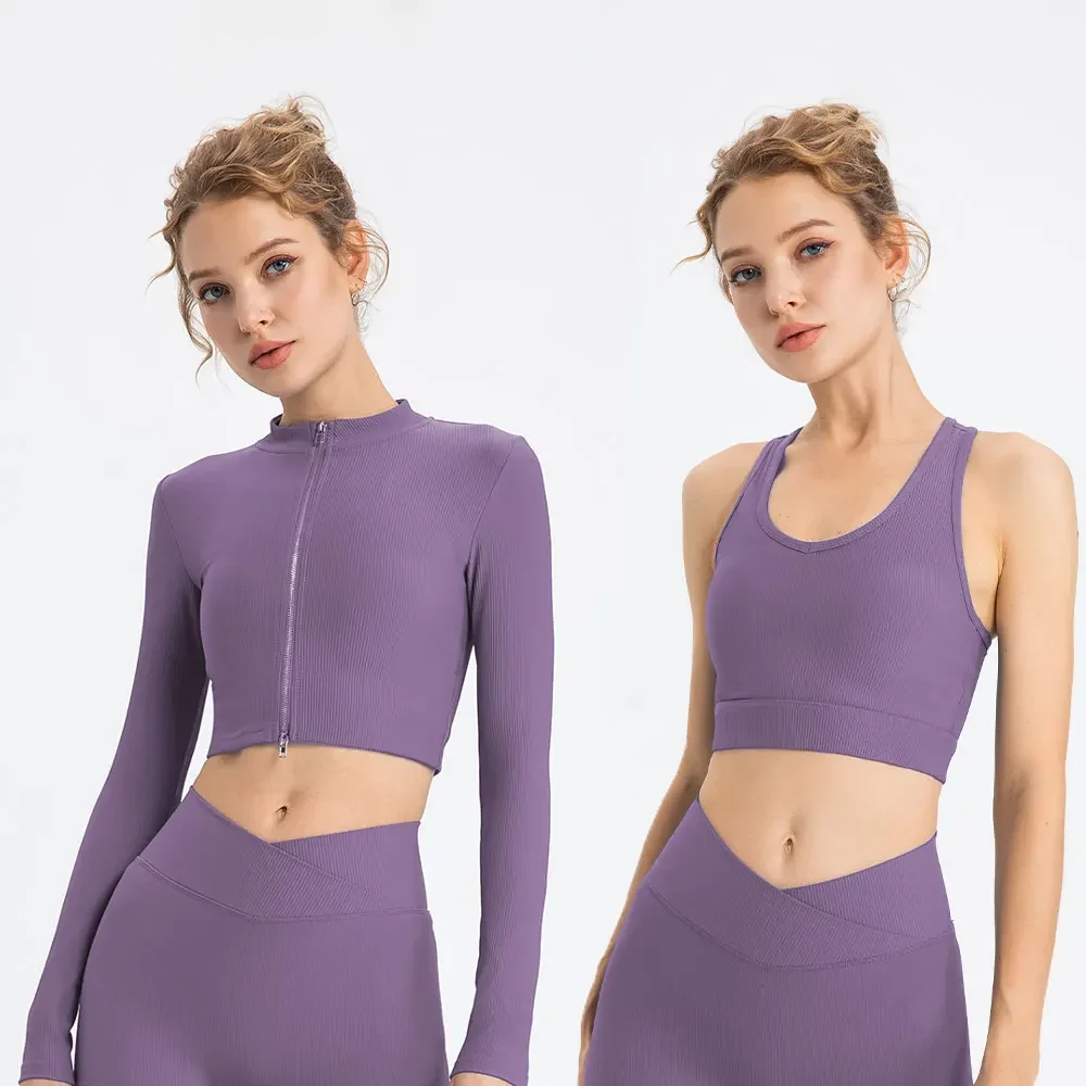 

Женский спортивный костюм из трех предметов — куртка + спортивный бюстгальтер + леггинсы — спортивная одежда для тренировок в тренажерном зале с эффектом пуш-ап для тренировок, йоги и фитнеса