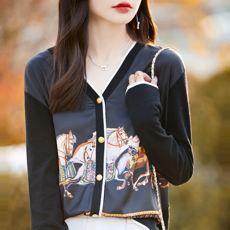 Cárdigan con estampado de seda para mujer, abrigo fino de lana de estambre con cuello en V, suéter de punto suelto, abrigo de manga larga, primavera