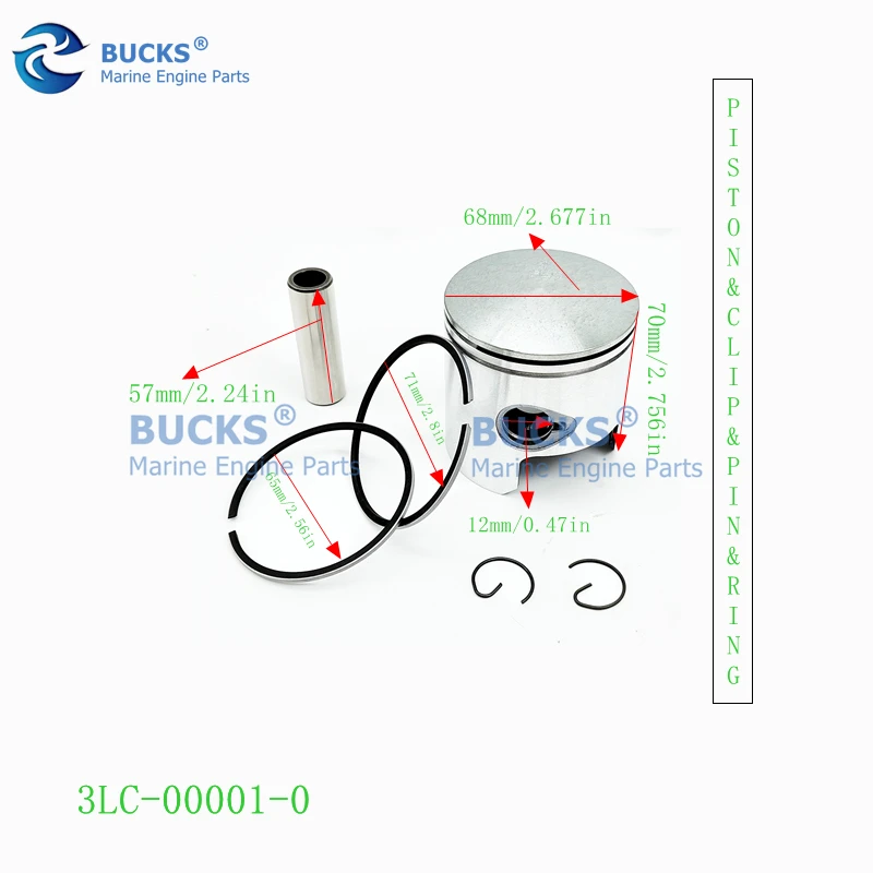 3LC-00001-0 Piston kit Diameter：68MM Made in Taiwan for Tohatsu Outboard Engine 2-Stroke MX50D2,MWX50D2 PISTON&CLIP&PIN&RING