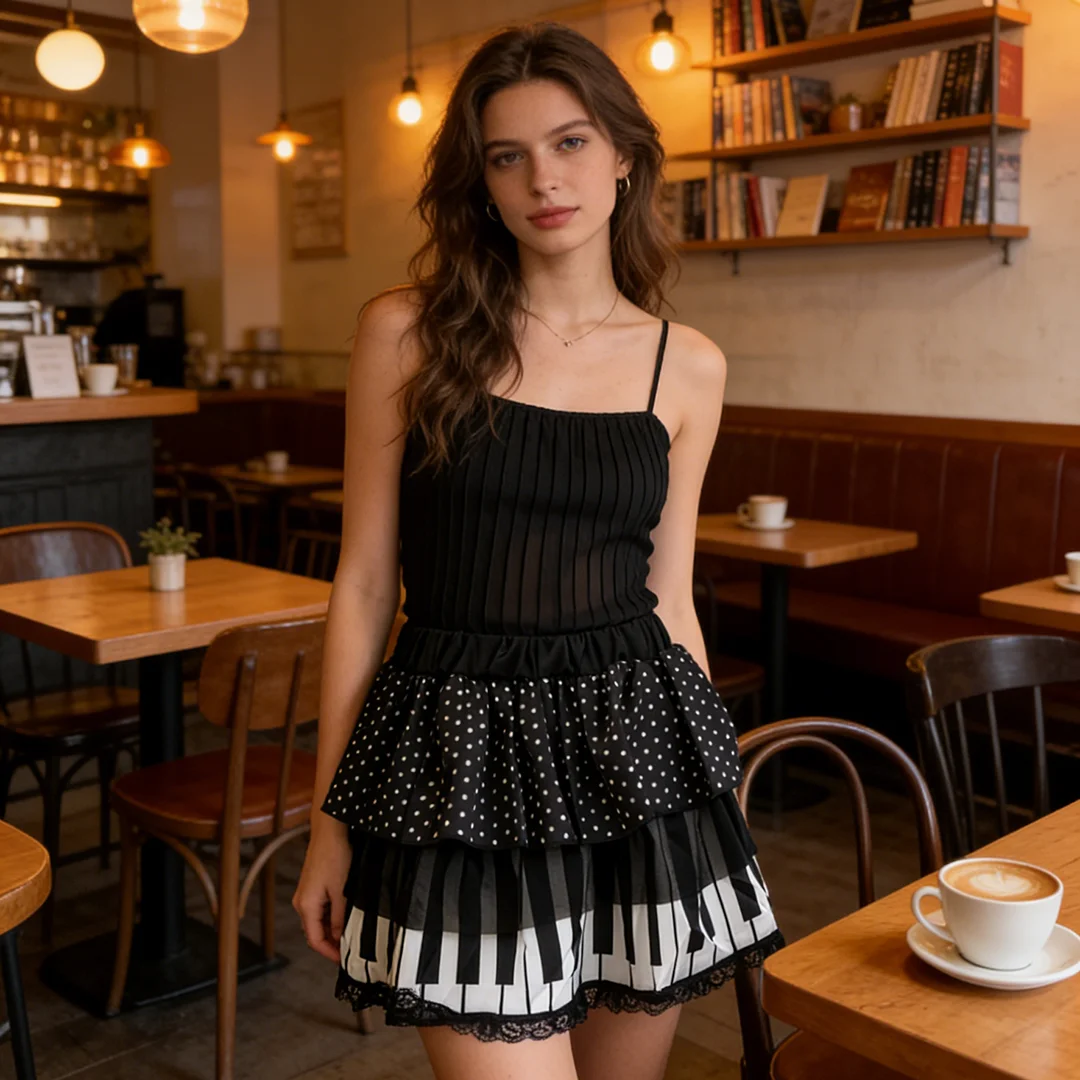 Millennium Style Piano Key Wave Dot Cake Skirt Summer Elastic Waist Lace Sweet Cool Sexy Spicy Girl Half Skirt
