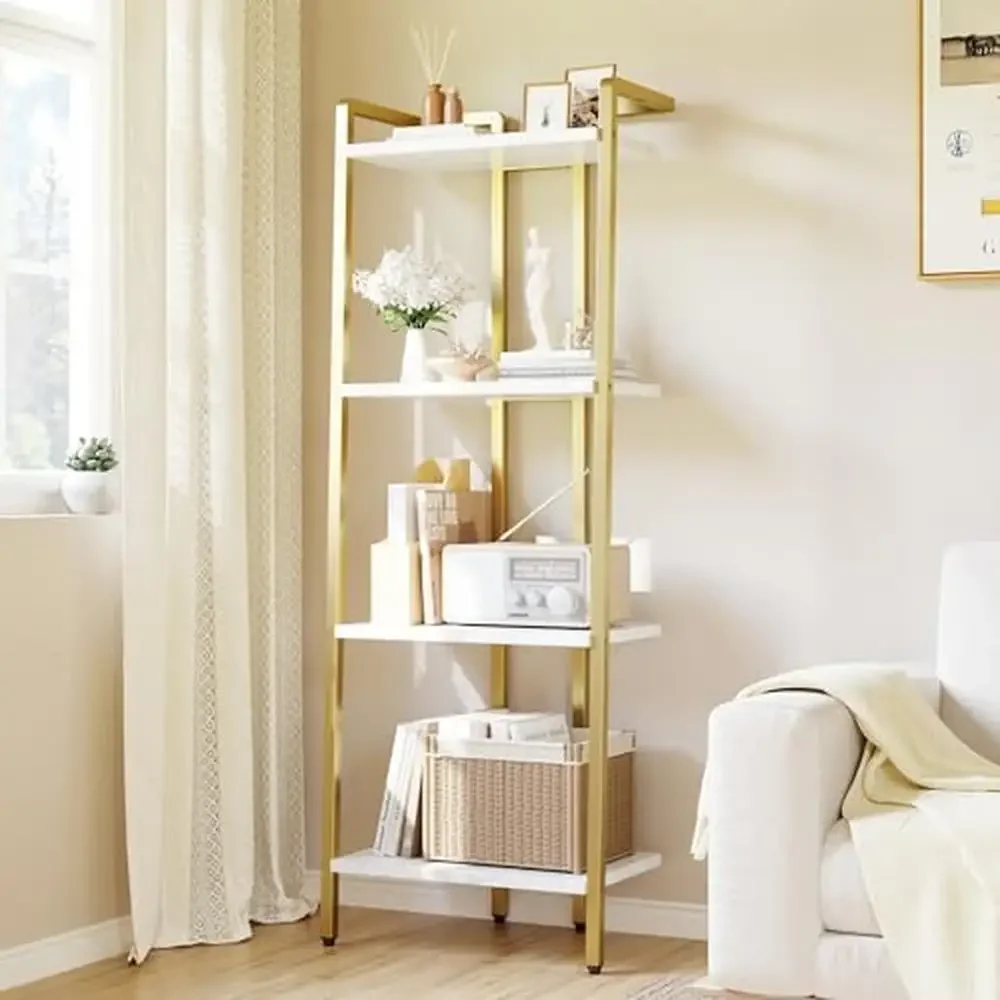 

Narrow Metal 4 Tier Bookshelf Open Display Shelves Modern Marble Accent Small Gold Bookcase Compact Multifunctional Home