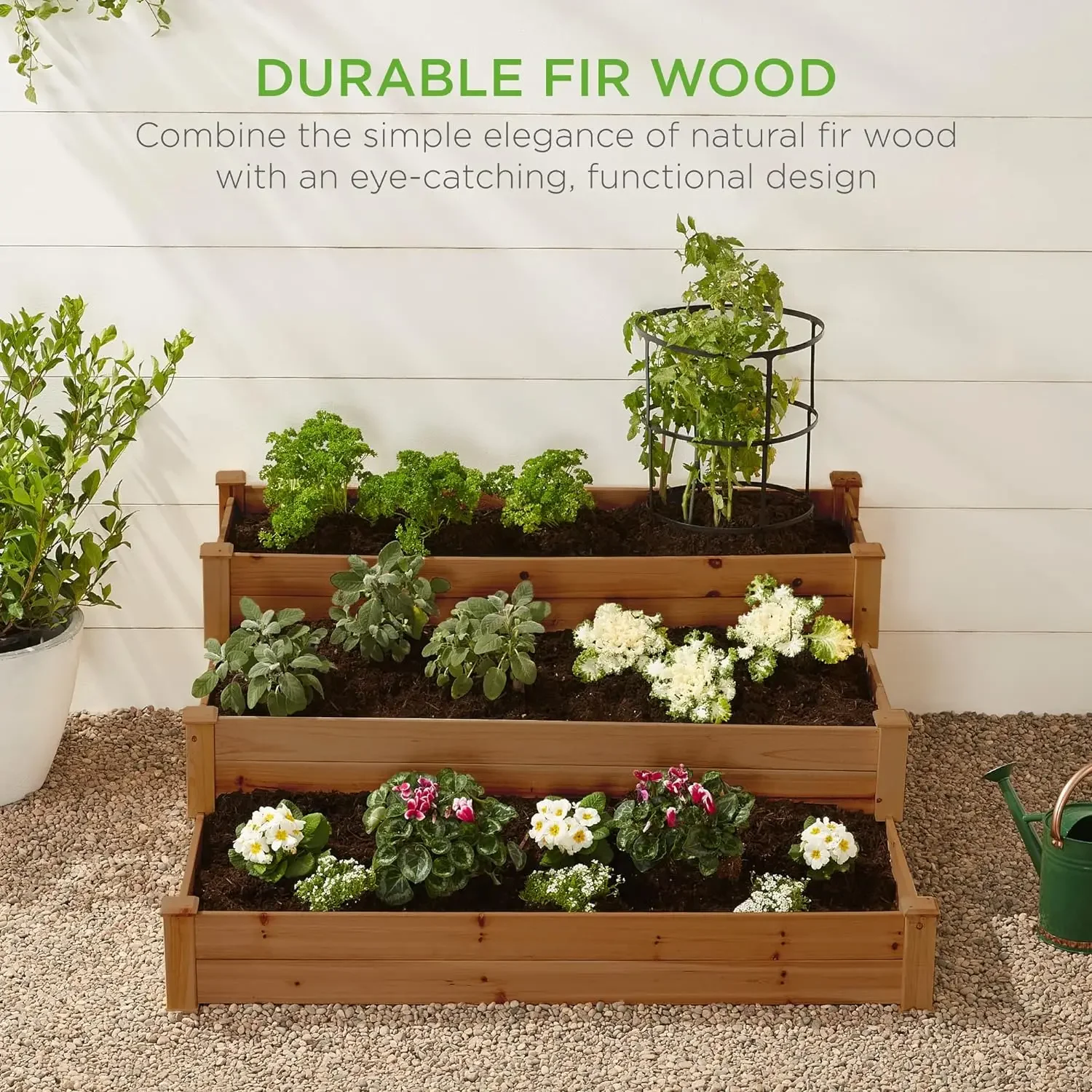 

3-Tier Fir Wood Raised Garden Bed Planter Kit for Plants, Herbs, Vegetables, Outdoor Gardening w/Stackable & Flat Arrangement