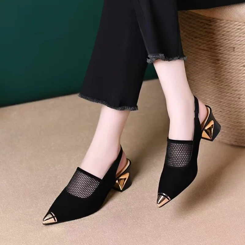 

Новые летние женские сандалии, черная обувь на высоком каблуке в сетку, элегантные туфли-лодочки без шнуровки с острым носком, вечерние женские туфли-лодочки