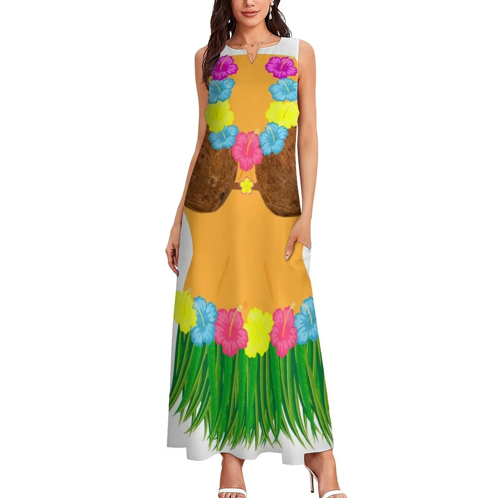 Full Body Hula Dancer Shirt With Lei Flowers Grass Skirt Coconut Bra Long Dress Beachwear Party dresses Dress