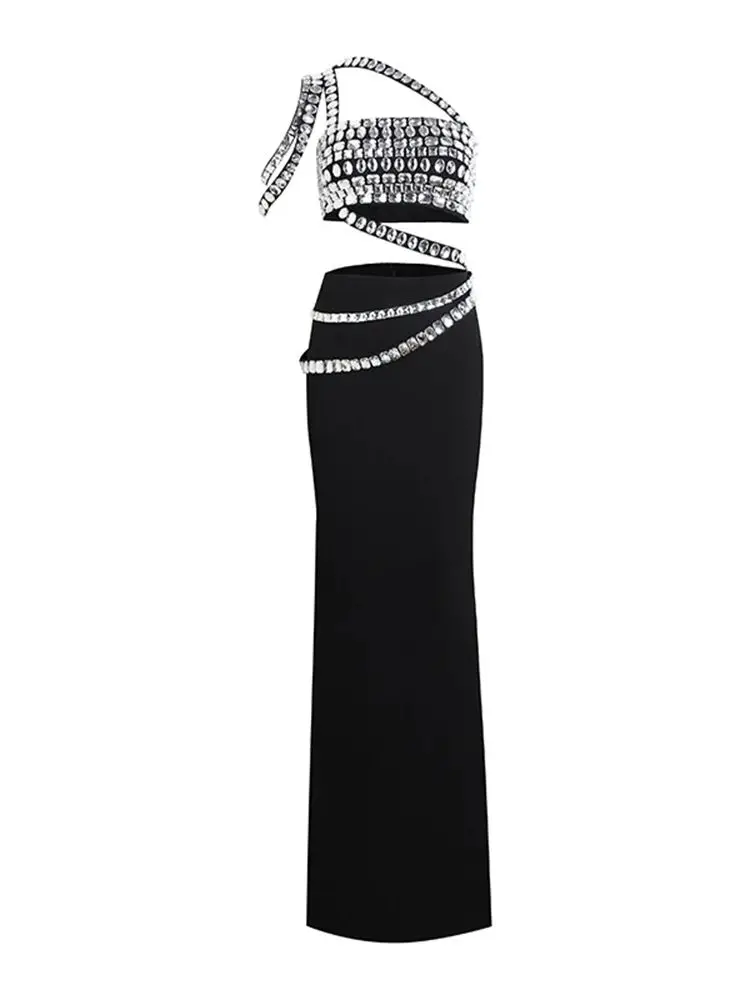 Ailigou-top curto feminino, saia longa apertada, elegante vestido de festa, diamante luxuoso, sexy, alta qualidade, verão, novo, conjunto de 2 peças, 2022