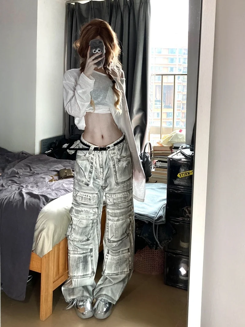 

Американские ретро-джинсовые рабочие брюки для женщин в стиле BF, с эффектом потертости, с множеством карманов, длинные, летние, дизайнерские, в пол