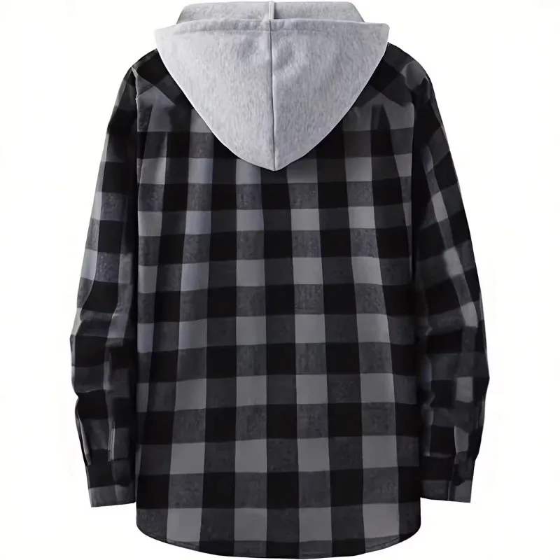 KIDWHXR Men Hooded Shirts Autumn American Plaid Single-breasted Pocket Man Coat Loose Long Sleeve Casual Male Cardigan Tops