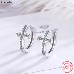 Real 925 Sterling Silver Jewelry New Original Fashion Crystal Zircon Cross Hoop Earrings For Women FQL21473
