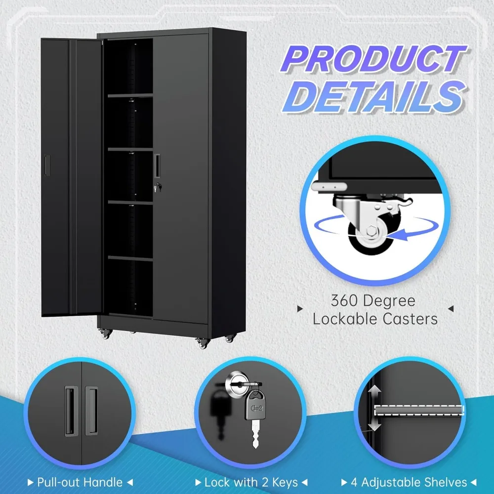 خزانة تخزين معدنية بعجلات، وخزانة تخزين جراج مع أرفف قابلة للتعديل وأبواب قابلة للقفل للمنزل المرآب