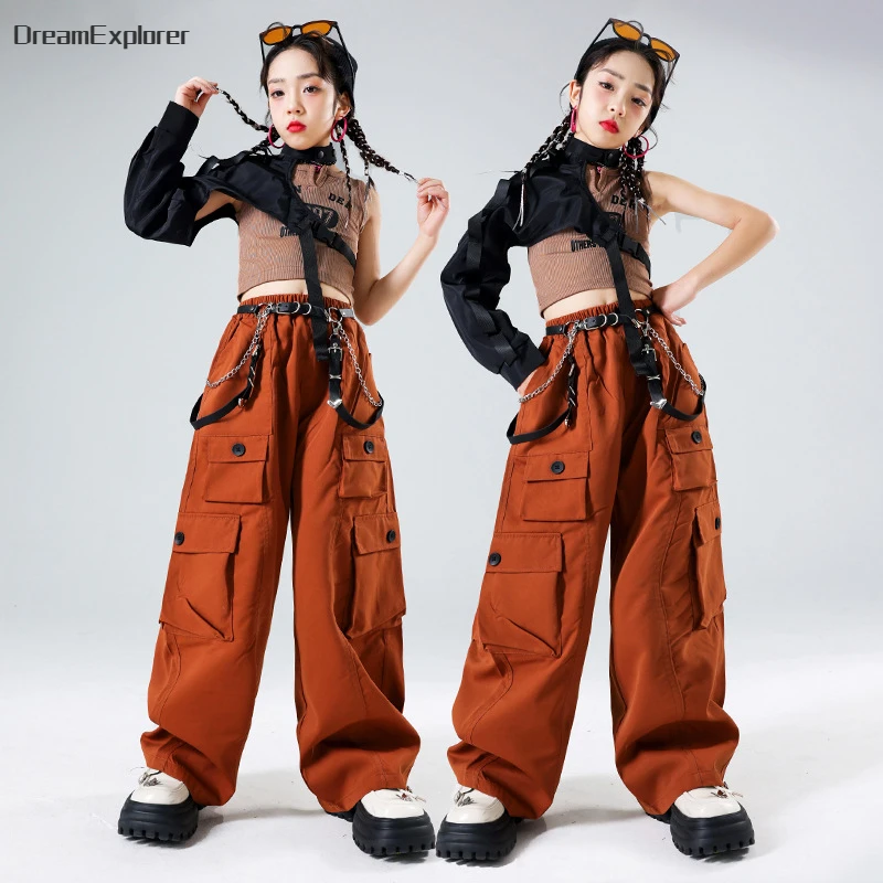 

Hip Hop Girls Cool Vest Crop Top Belt Cagro Pants Kids Street Dance Outfits Children Streetwear Teens Jazz Costumes Clothes Sets