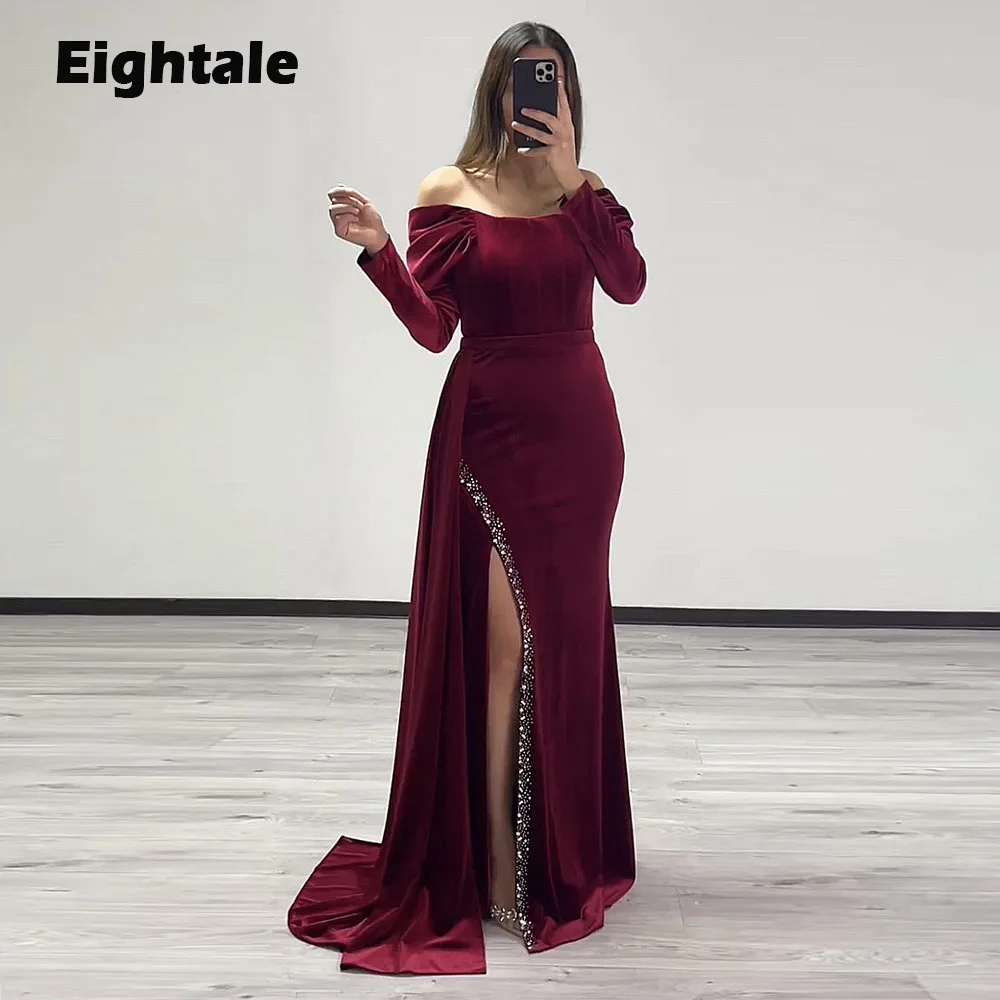 Eightale Burgundy Evening Dress Arabic Customzied Prom Gowns Long Sleeves Off Shoulder Velvet Mermaid Wedding Party Dress