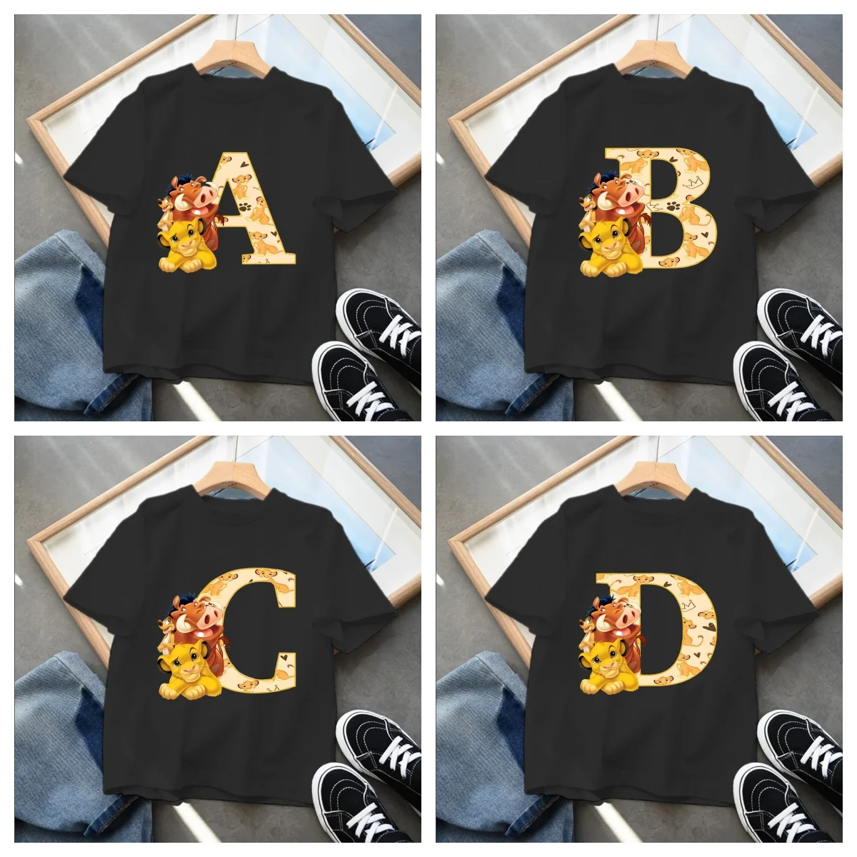 2025 Lion King Boys T-shirt Letter A-Z Disney Simba Pumbaa Print Tee Shirt Cute Cartoon Kids Child's Streetwear Casual Clothes