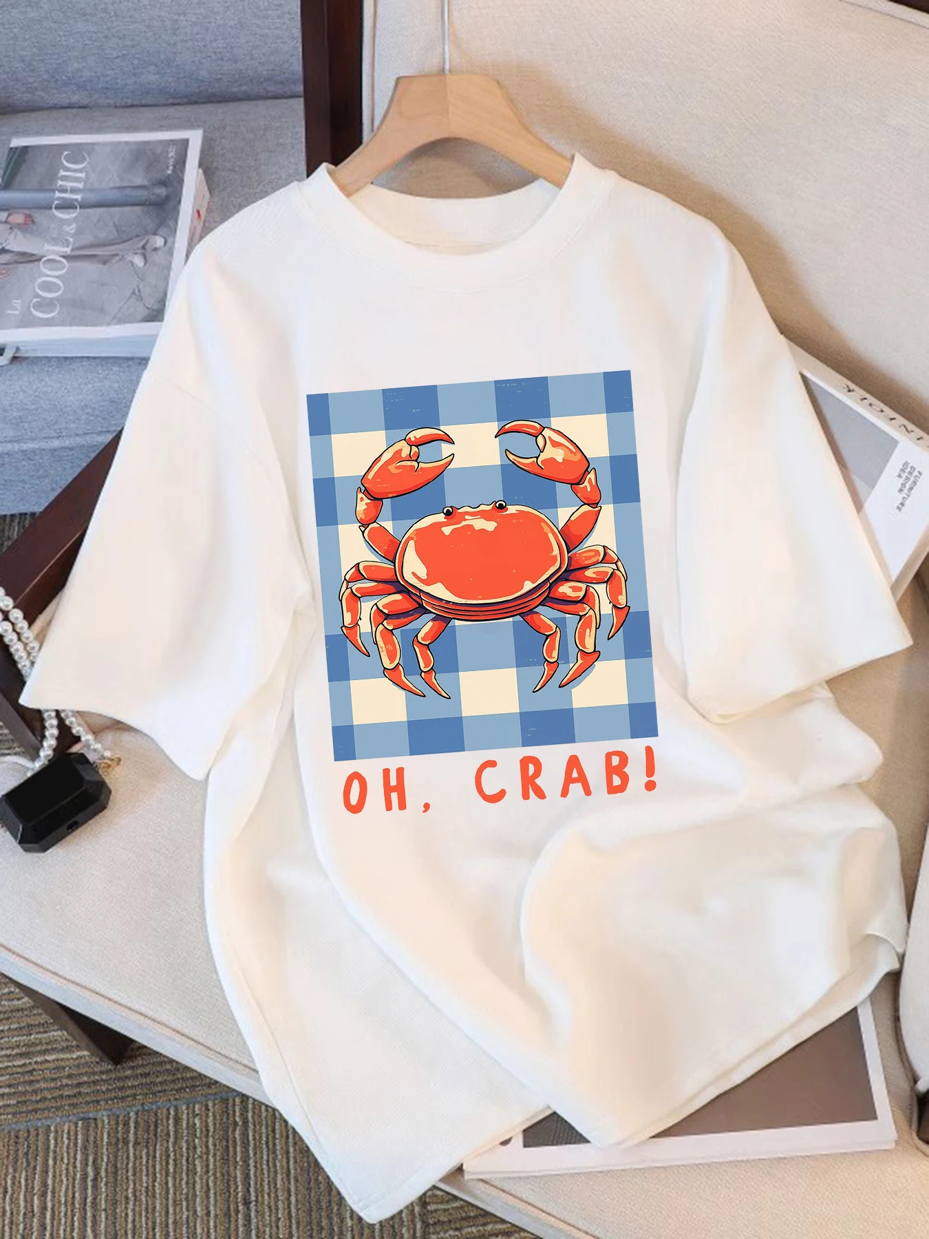 Oh Crab Prints Damen Basics T-Shirt Sommer Casual Oversize T-Shirts Trendy Baumwolle Mehrfarbig Top Unisex Lose Kurzarm