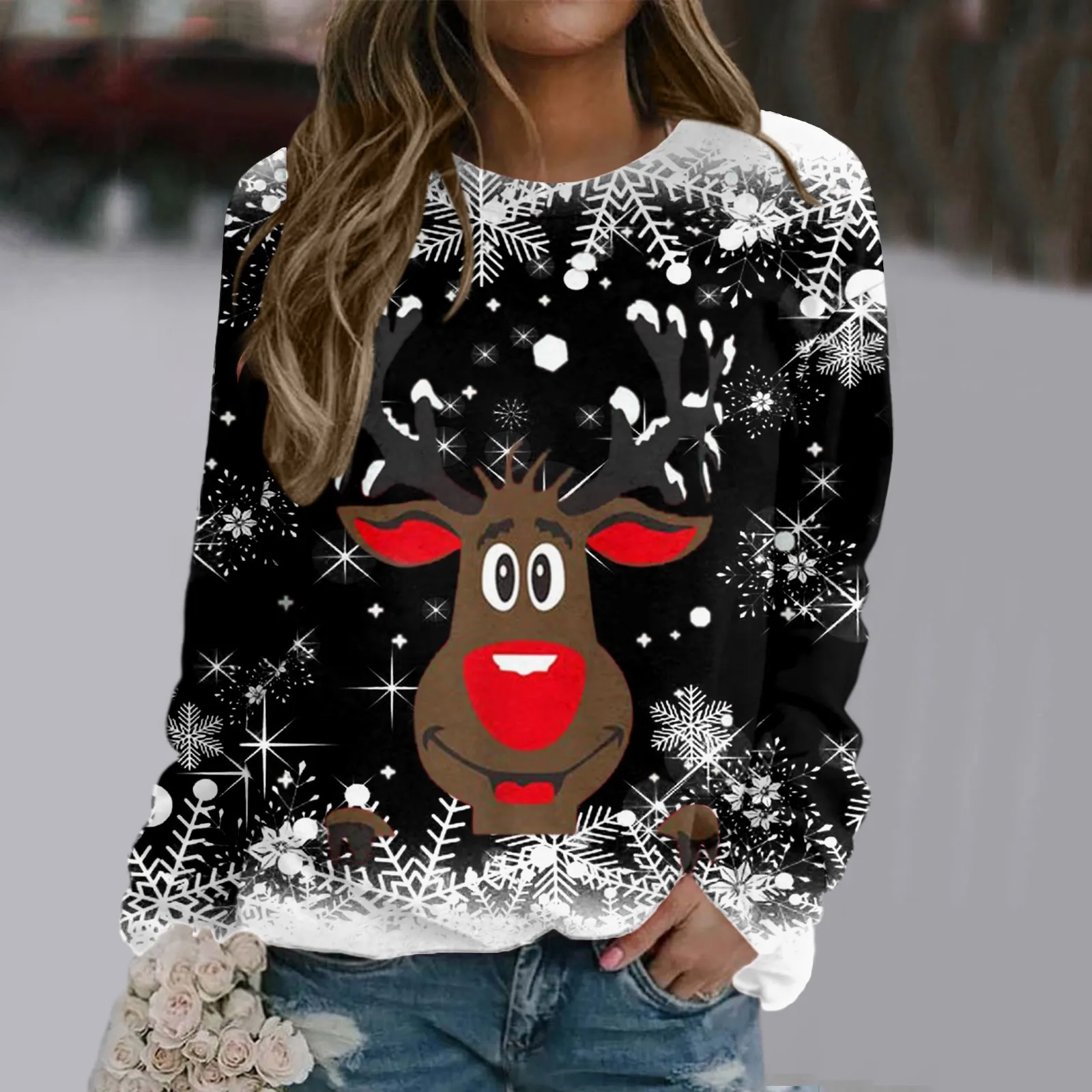 

Women Christmas Hoodie Cute Reindeer Print Round Neck Long Sleeve Pullover Fashion Loose Sweatshirt Casual Streetwear Tracksuits