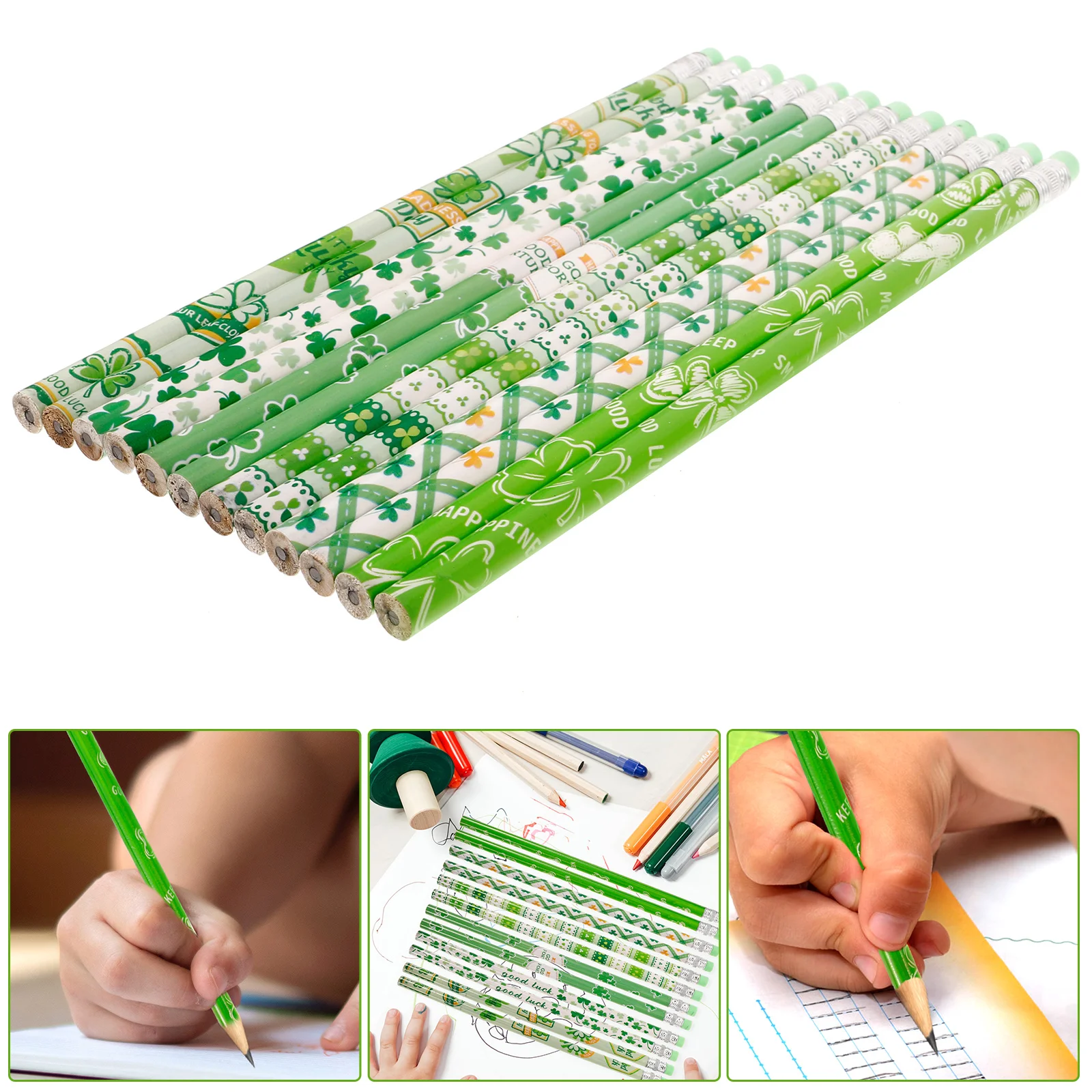 12 Pcs Four Leaf Pencil Pencils for Kids St Patrick Day Themed Designed Drawing Wooden Students Pupils
