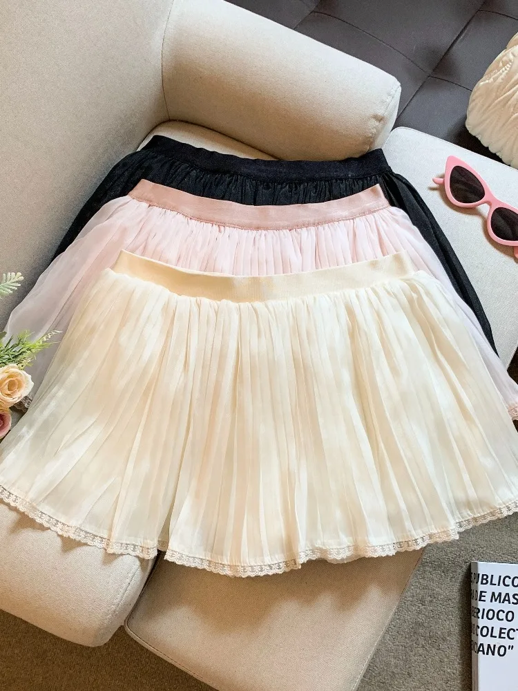 

Summer New Style Women's Lace Hem Chiffon Puffy A-Line Skirt Anti-Light Folding Design Fashionable Half-length Skirt