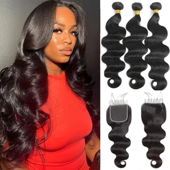 クロージャー付きブラジルの波状エクステンション,レミーの人間の髪の毛,4x4 hd,黒いレース,3つのロック,4つのロック,12A