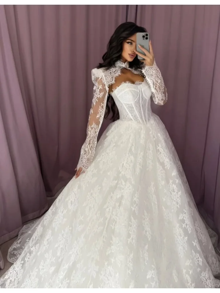 Custom High Neck Cutout Long Sleeve Floral Lace Ball Gown Wedding Dress Corset Chapel Train Modest Vintage Princess Bridal Gown