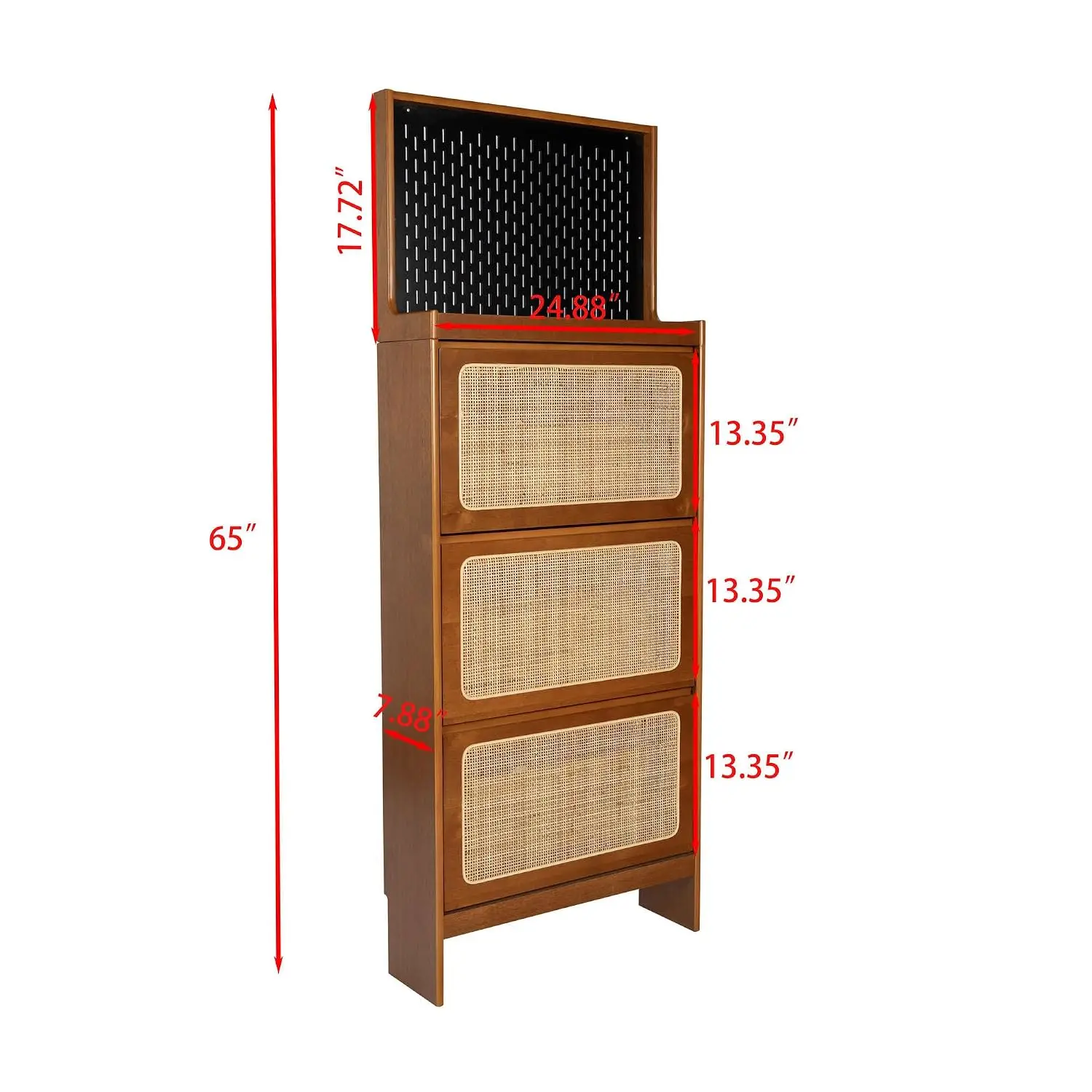 Slim 3 Flip Rattan Shoe Cabinet with Pegboard 65in Hidden Storage Holds 9-12 Pairs for Living Room & Entryway Walnut, Customized