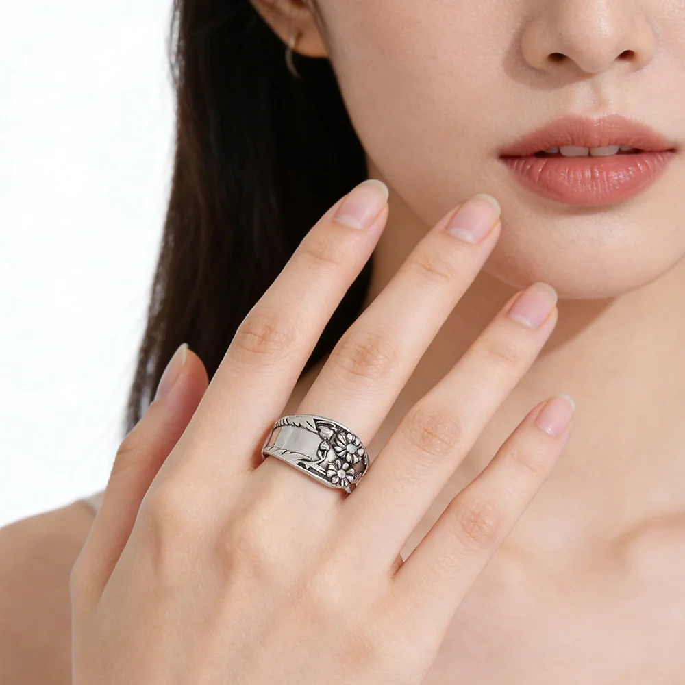 Antique Silver Zinc Alloy Spoon Ring - Floral Engraved Design, Vintage Spoon Style Jewelry for Men Women Daily & Party Wear