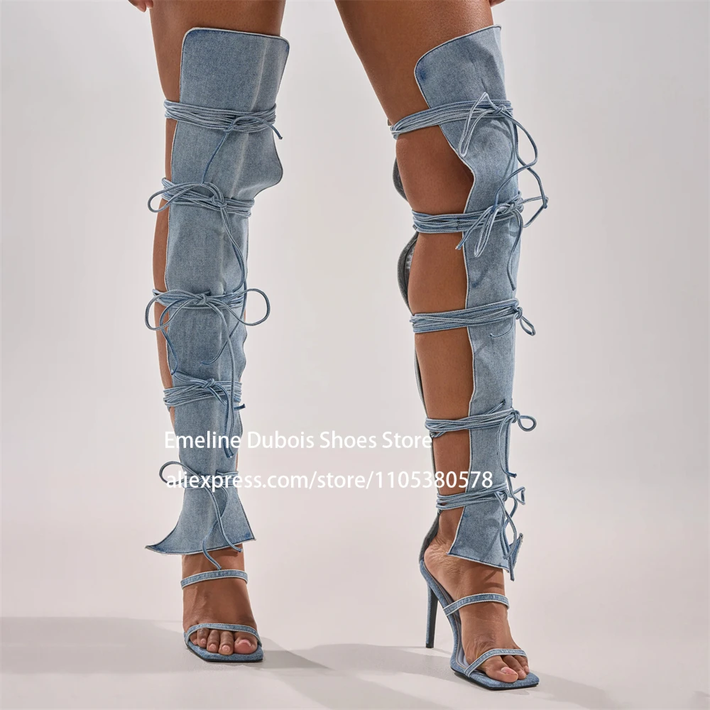Leather Over Knee Boots Stiletto High Heel Gladiator Thigh High Open Square Toe Sexy Women Sandals Wraps Around Leg Self Tie
