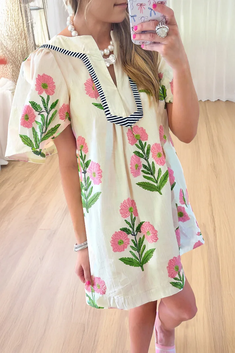 

Puff Sleeve Flower Print Patchwork Short Dress 2025 New V-neck A-line Loose Women Summer Dress Vacation Casual Female Clothing