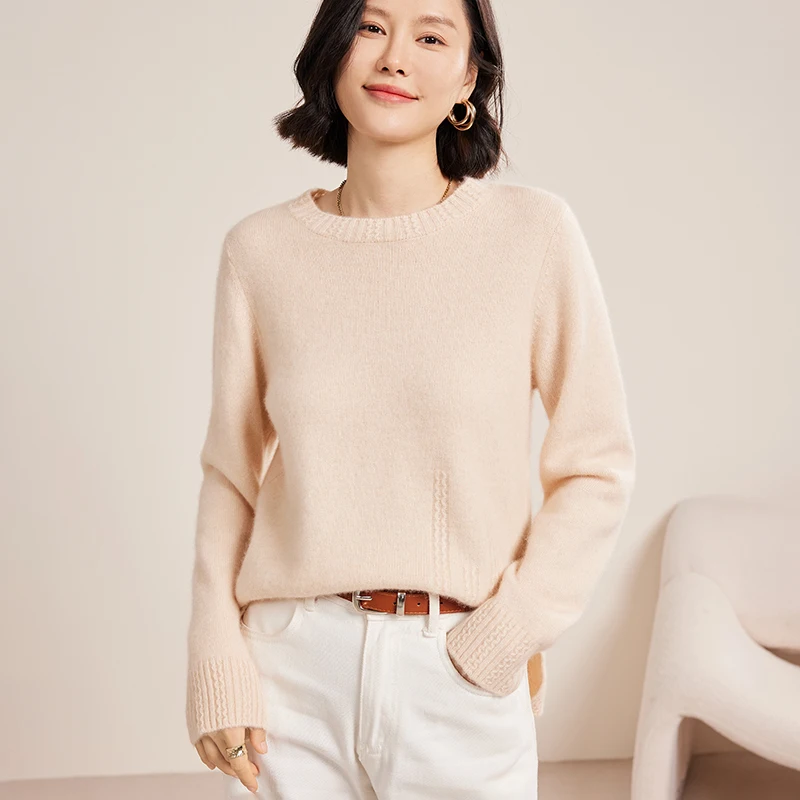 

100% cashmere women's pullover casual solid color knitted sweater round neck thickened base Tops loose Blouse