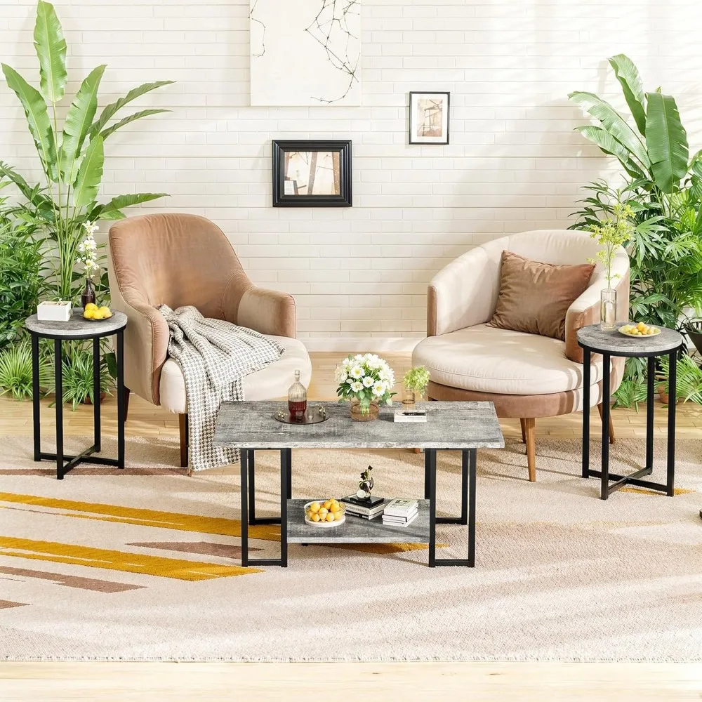 Faux Marble 3-Piece Living Room Table Set with Metal Frame and 2 Round Side Tables