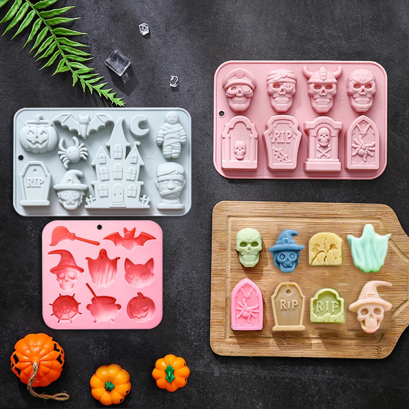 Halloween Silicone Mold Ghosts Pumpkins Bats Haunted Houses Tombstones Baking Mold Chocolate Cakes Soaps Cookies Decor