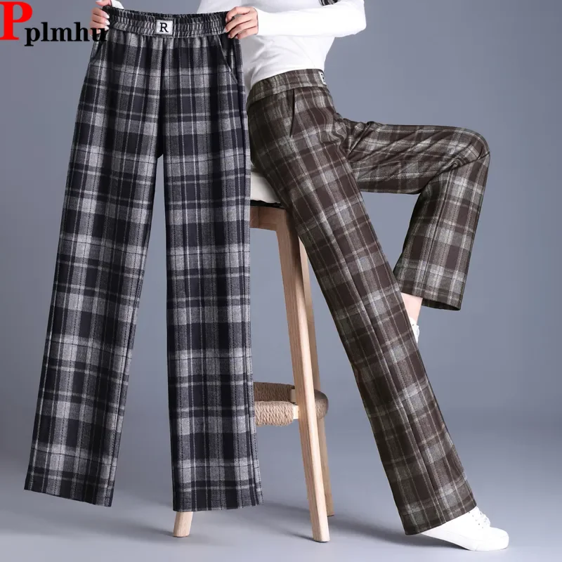 

Korean Fashion Plaid Design Loose Wide Leg Pants Women Casual Elastic High Waist Straight Pantalones Chic Baggy Calcas Feminina