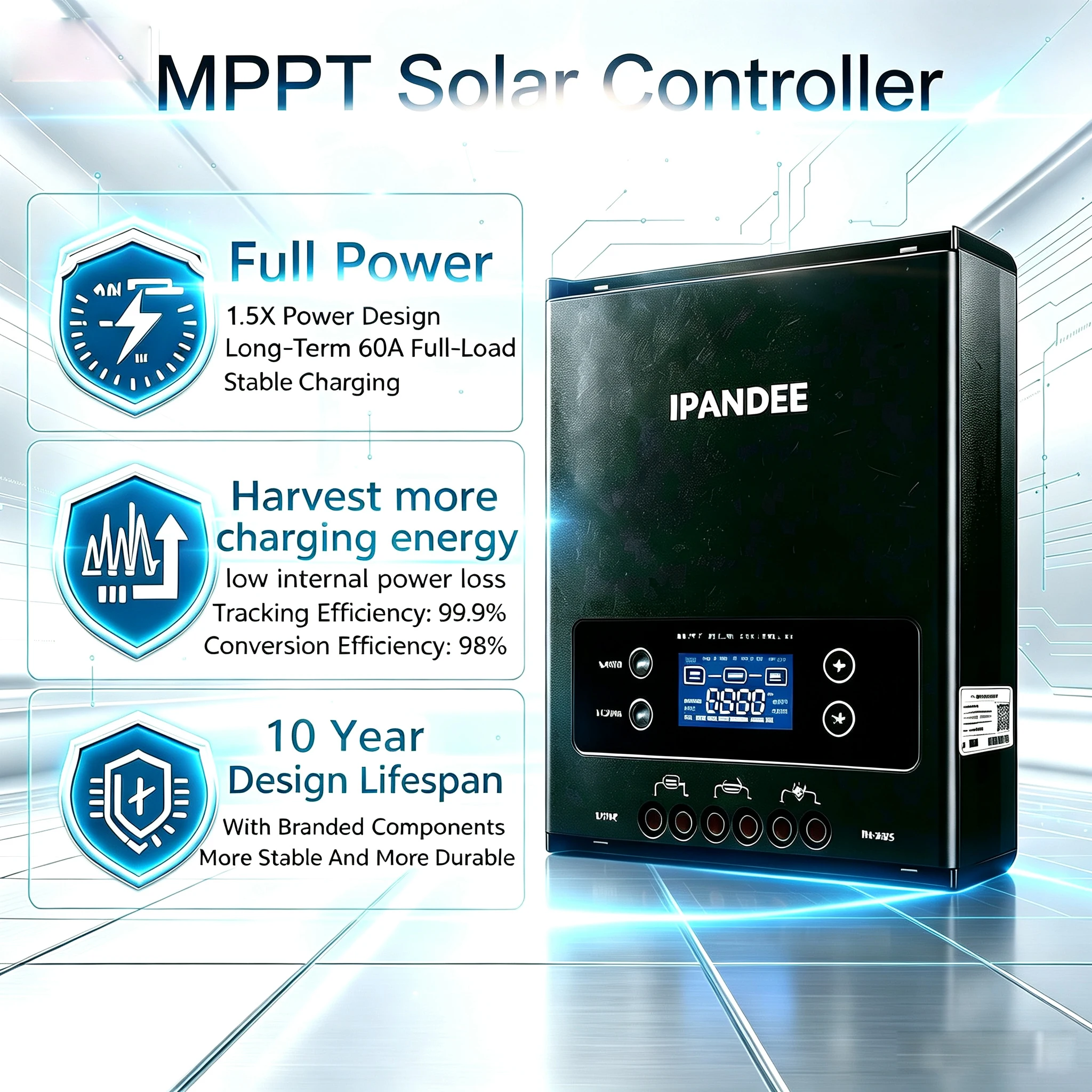 Ipandee 60A MPPT Max Input 200V Solar Charge Controller, 12V/24V/36V/48V Auto Solar Charger, APP PC Monitoring RS485 Lithium Battery Activation