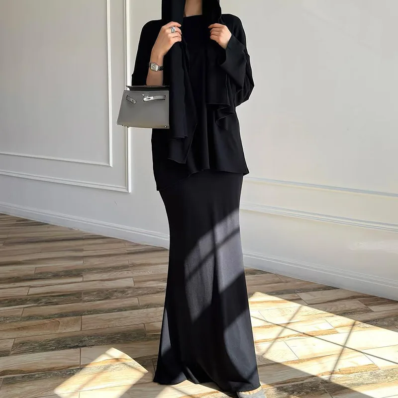 HKSH Spring Autumn New Women Two-piece Set O-neck Long Sleeve Solid Color Tee With Headscarf Casual Skirt Elegant Trendy HK12206