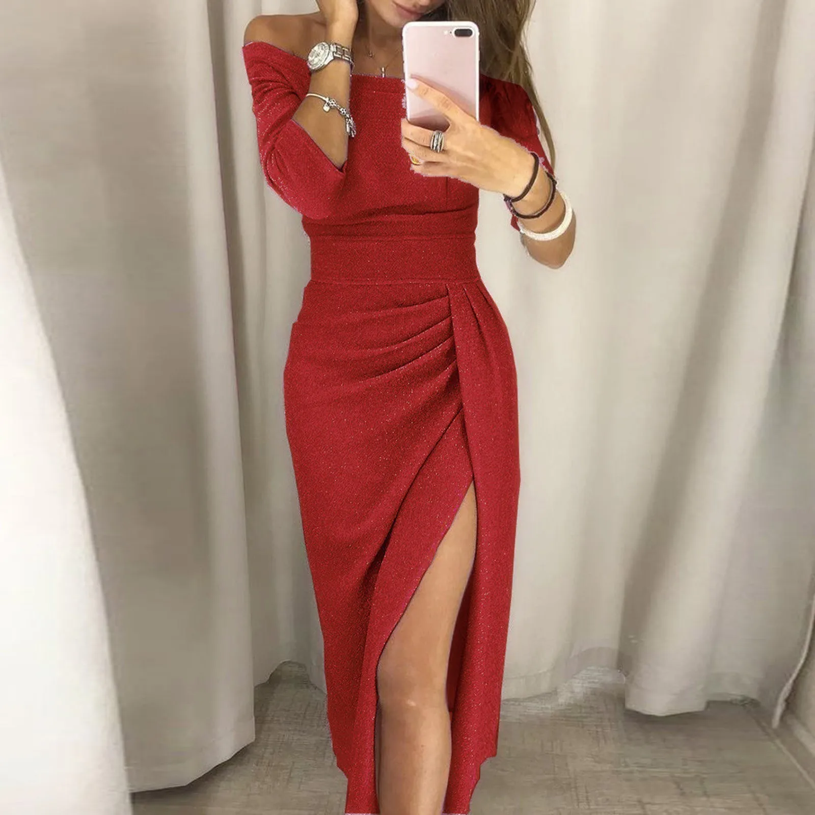 

Ladies Solid Color Eye-Catching Evening Dress Line Collar Bag Hip Slit Sexy Dress Elegant Aesthetic Fashion Temperament Dress