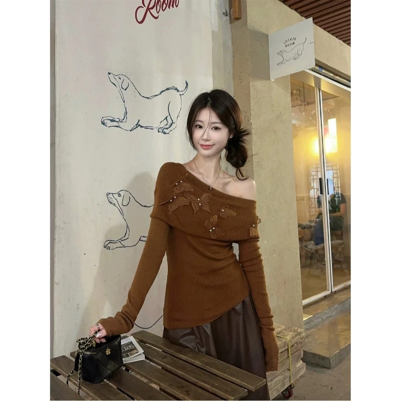 Deeptown Off Shoulder Women Sweater Harajuku Butterfly Elegant Korean Fashion Knitted Pullovers Autumn Slim Gyaru Sexy Aesthetic